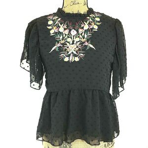 NEW Haute Rouge Top‎ Med Black Swiss Dot Boho Colorful Embroider Peplum